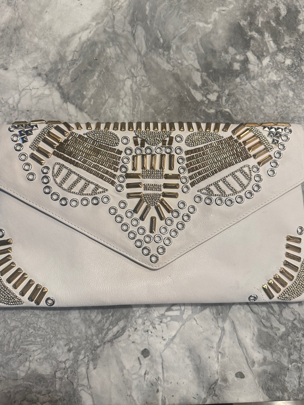 Ash White Envelope Clutch with Gold & Silver Stud Embellishments